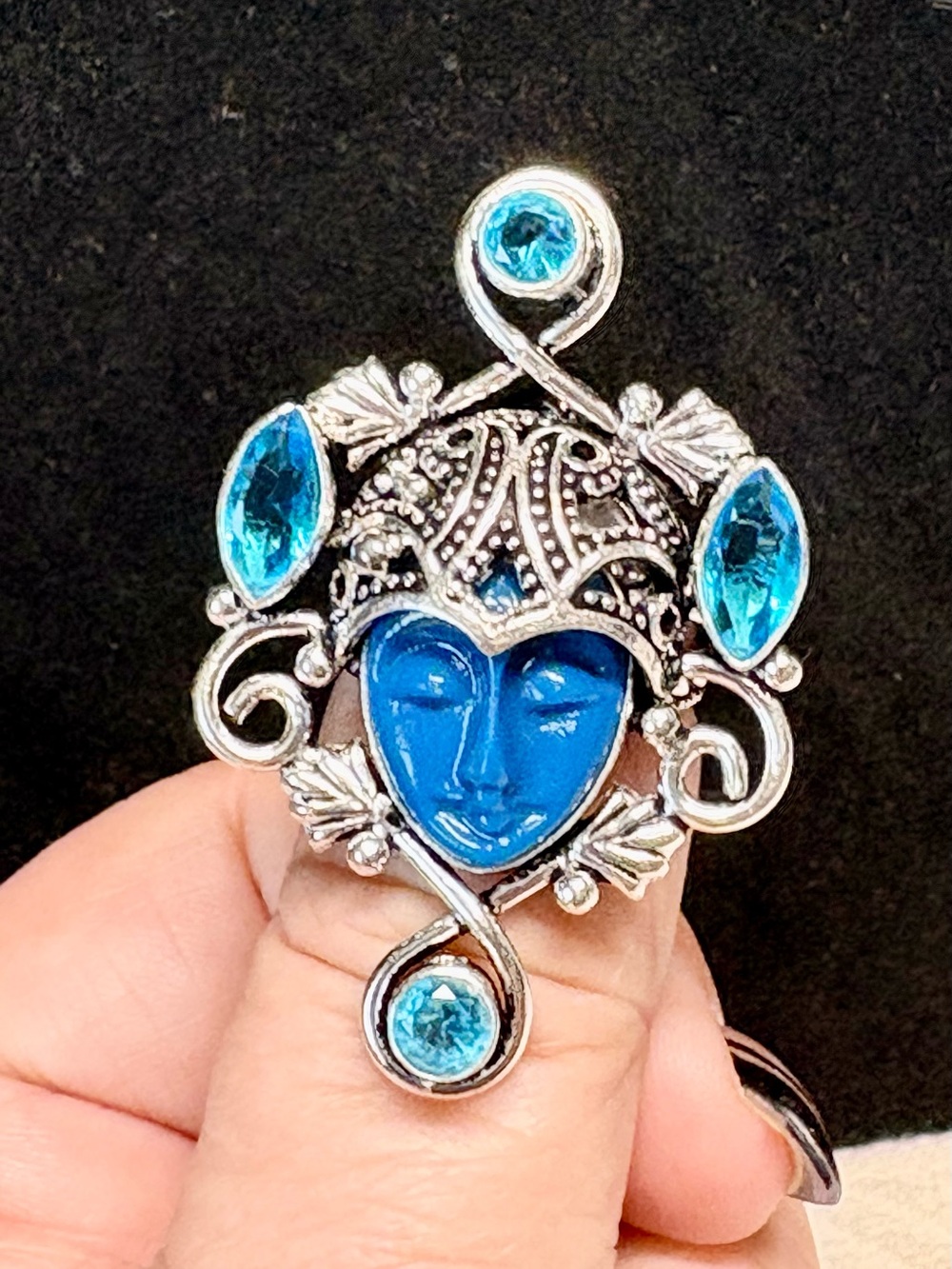 Goddess Face Ring in Blue gemstone ethnic ring-one of a kind